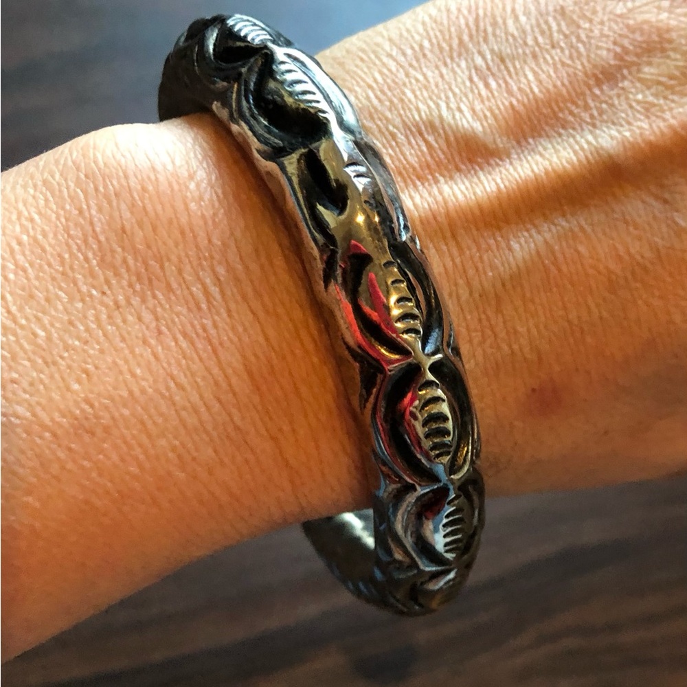 Ethnic Silver Tone Bangle Bracelet, Boho, Hippie